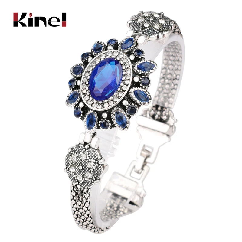 Популярный женский винтажный браслет Kinel в виде цветка с Зелеными камнями и