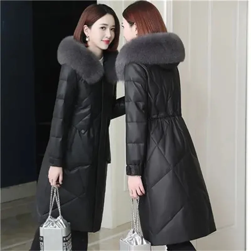 High-End Down Cotton Jacket Female pu Leather Mid-Length 2022 New Haining Faux Fur Slimming Temperament Sheepskin Jacket Wome