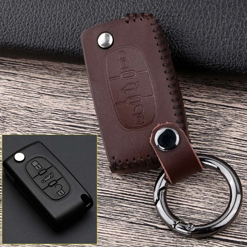 3 Button Brown Кожаный Автомобильный Брелок дистанционного управления с ключом чехол Чехол для Citroen C2 C3 C4 C5 C6 C8 для peugeot 207 301 307 308 407 607 807 2008 3008 4008 - Название цвета: 3 Button Brown