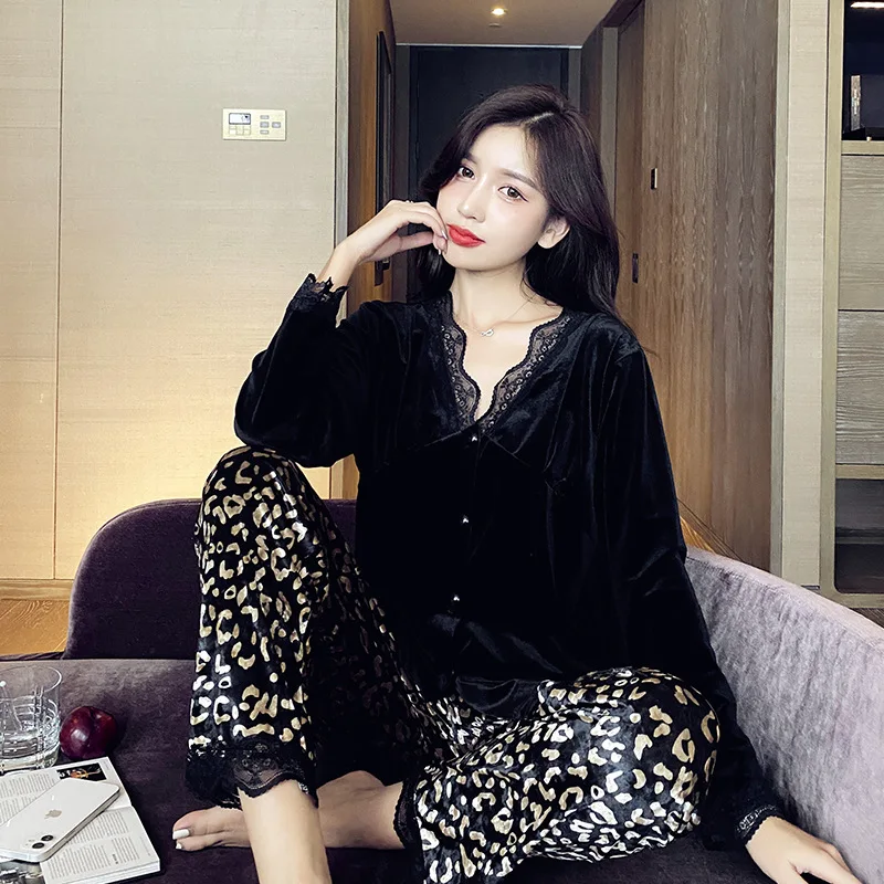 QWEEK Golden Velvet Pajamas for Women Leopard Pants Pijamas Winter Sleepwear Lace Nightwear Sexy Homewear Black Loungwear Suit