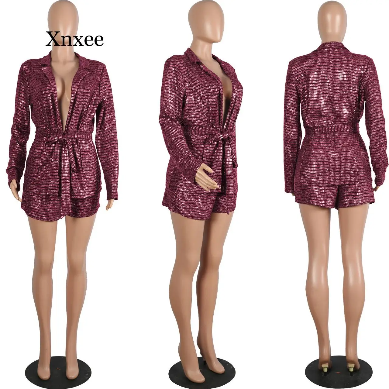 

Women two piece set sequined shiny bright blazer&sequined shorts high waist female woman party club clothes