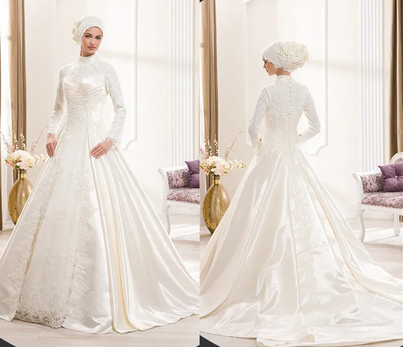 

High neck Ball Gown Arab muslim party gown long sleeves 2018 button Lace applique vestido de noiva mother of the bride dresses