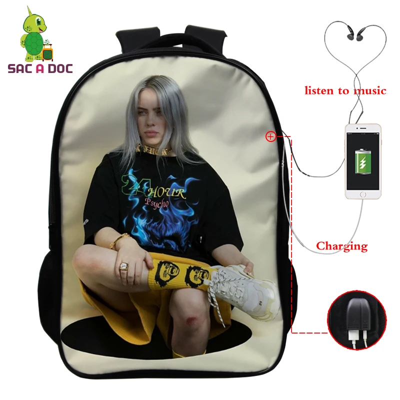 Серый Billie Eilish рюкзак, школьные сумки, 16 дюймов, Детские рюкзаки, детский рюкзак для девочек, рюкзак для путешествий, рюкзак с USB зарядкой - Цвет: Серый