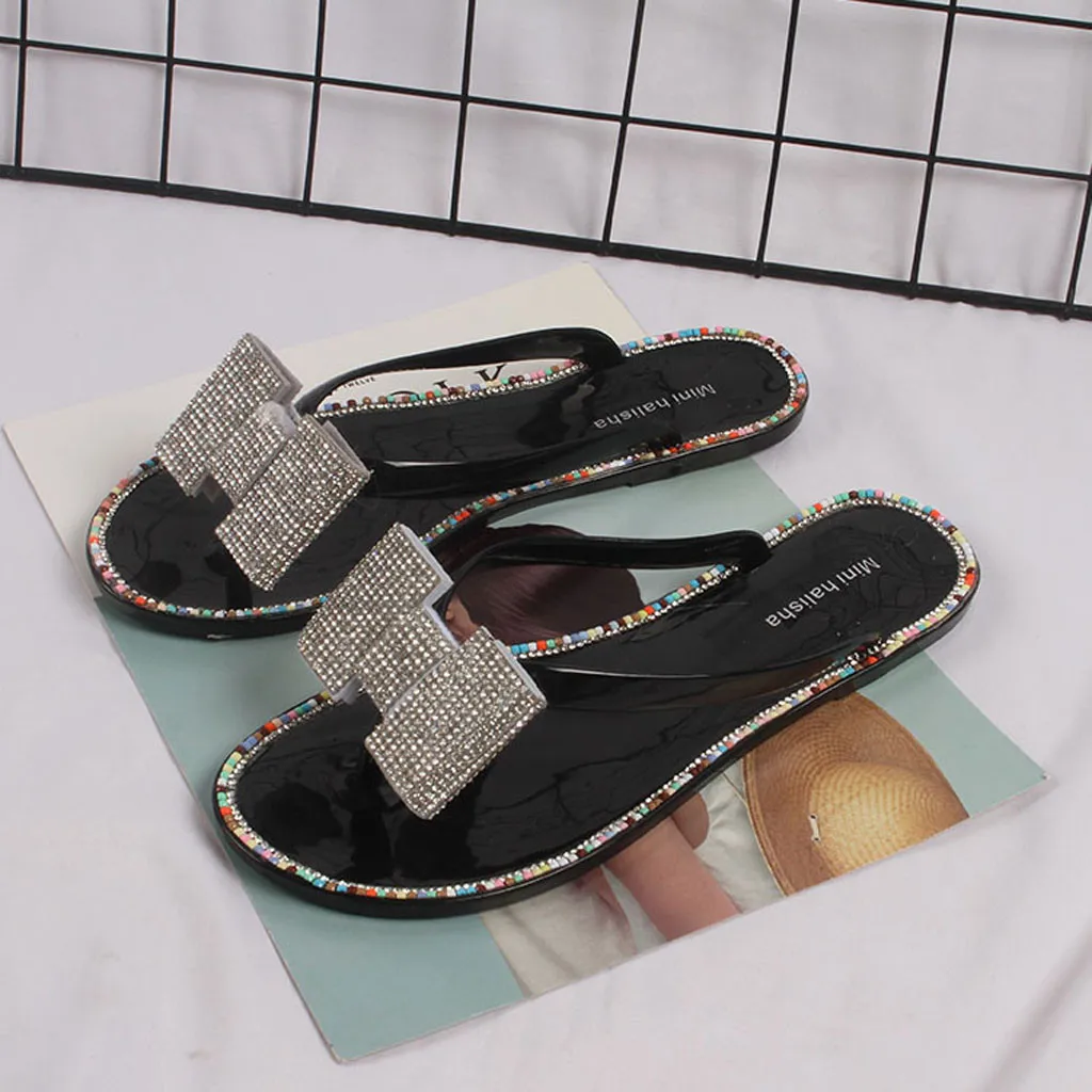 Женские шлепанцы Летняя женская пляжная обувь в богемном стиле со стразами