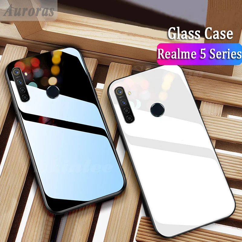 Auroras для Realme 5 Pro Чехол из закаленного стекла с мягкой ТПУ рамкой противоударный