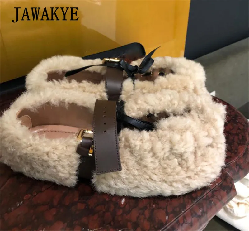 JAWAKYE новая зимняя одежда из шерсти на плоской подошве с мехом; туфли с ремешком на лодыжке, женские Балетки с круглым носком; туфли на плоской подошве, платформа, вьющиеся мех ягненка; лоферы; обувь; zapatos mujer