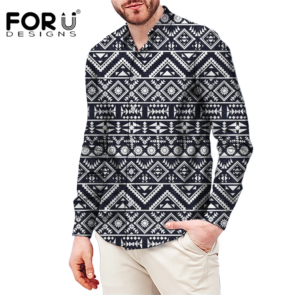 

FORUDESIGNS Blue White Tribal Aztec Camisa Masculina Slim Fit Button Down Clothing Vintage Comfortable Blouse Shirt For Male