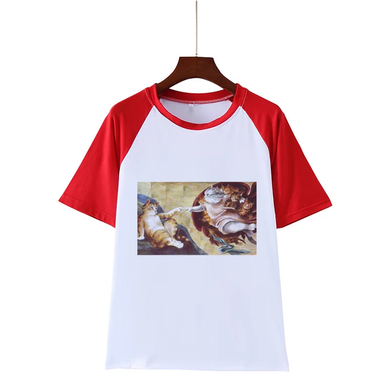 

Michelangelo whimsy Michelangelo cat printing Europe and the States sell like hot cakes round collar woman raglan T-shirt
