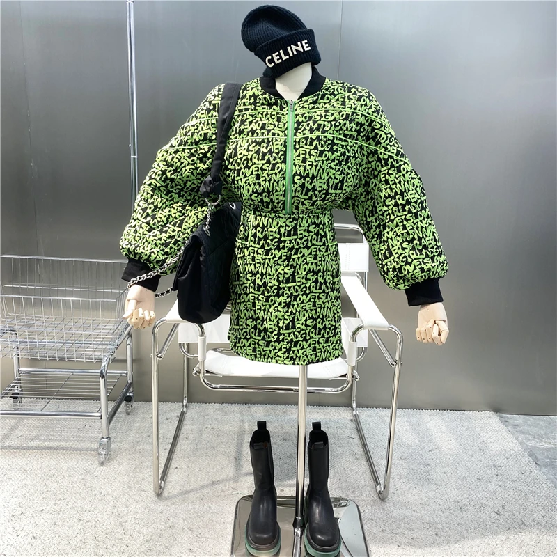

New Color Blocking Letter Long Sleeve Zipper Baseball Jacket Cotton Coat+high Waist Thin Wrap Skirt Personalized Fashion Suit