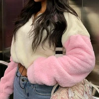 fashion winter fleece y2k crop top women harajuku kawaii pink casual zip drawstring contrast color sweatshirt female pullover