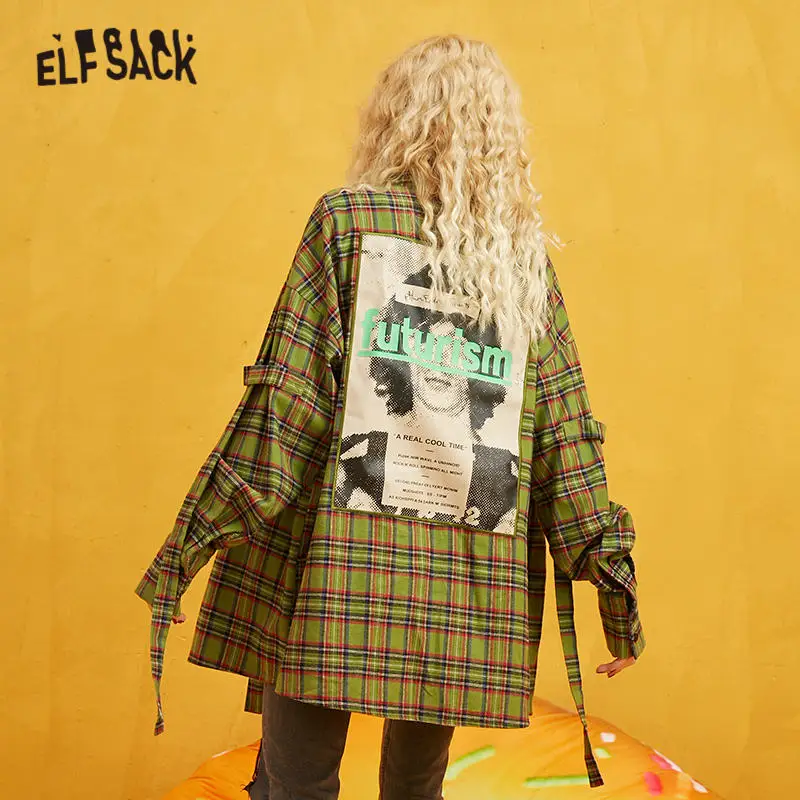 ELFSACK, Клетчатая блуза с графикой на спине, женская рубашка, осень, однобортная, с заниженным плечом, на шнуровке, с рукавом, женские топы