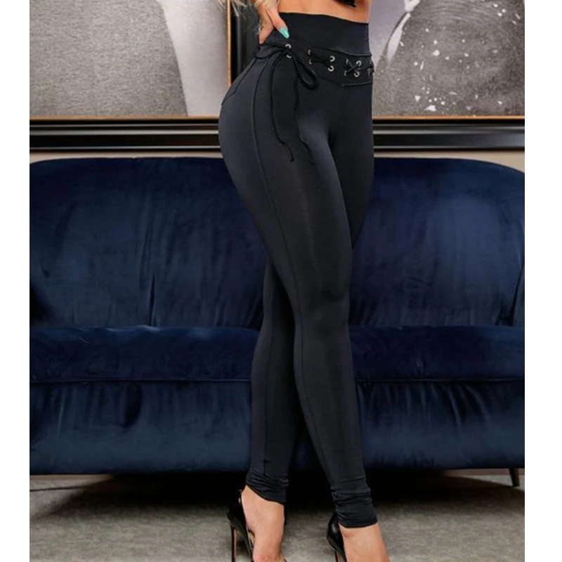 

Mandylandy Lace-up Tight Trousers Women Fashion Sexy Bodycon Legging Pants Black Streetwear Skinny Bandage Pencil Pants Trousers