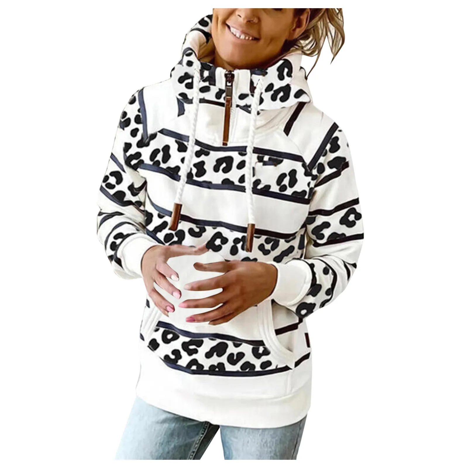 

Leopard Print Patchwork Hoodies For Women Long Sleeve Zipper Turtleneck Pullover Autumn Winter Casual Pockets Sweatshirt Top