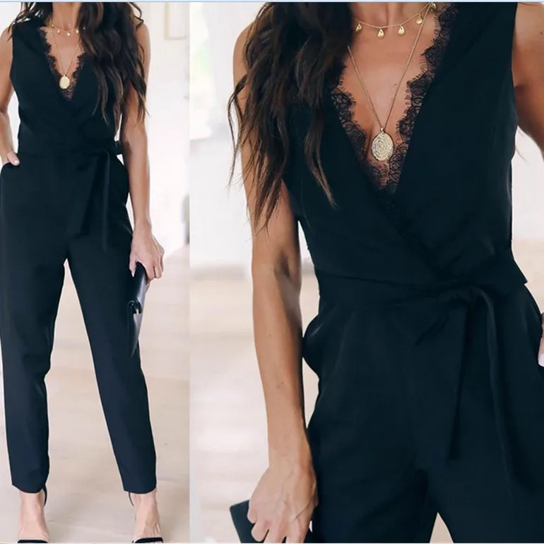 Женский комбинезон без рукавов однотонный с глубоким V-образным вырезом брюки