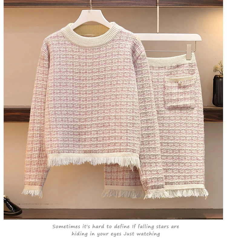 Большой плюс размер Sweater свитер одежда розовый комплект юбки для девочек костюм женский осенний комплект из 2 предметов s свитер+ юбка комплект из 2 предметов Vestidos