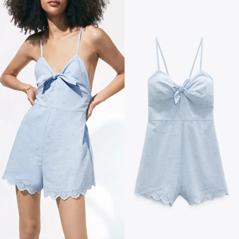 

2021 Embroidery Blue Short Rompers Women Summer V-neck Bow Thin Straps Playsuit Chic Elastic Smocked Openwork Female Jumpsuit