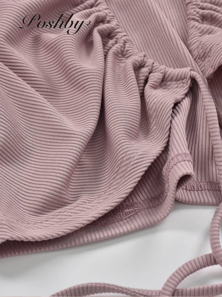 

Poshby Drawstring Line Up Ruched Top Tshirt For Women Long Sleeve Solid Sexy Crop Top Knitted SLim Fit Tops 2021Spring