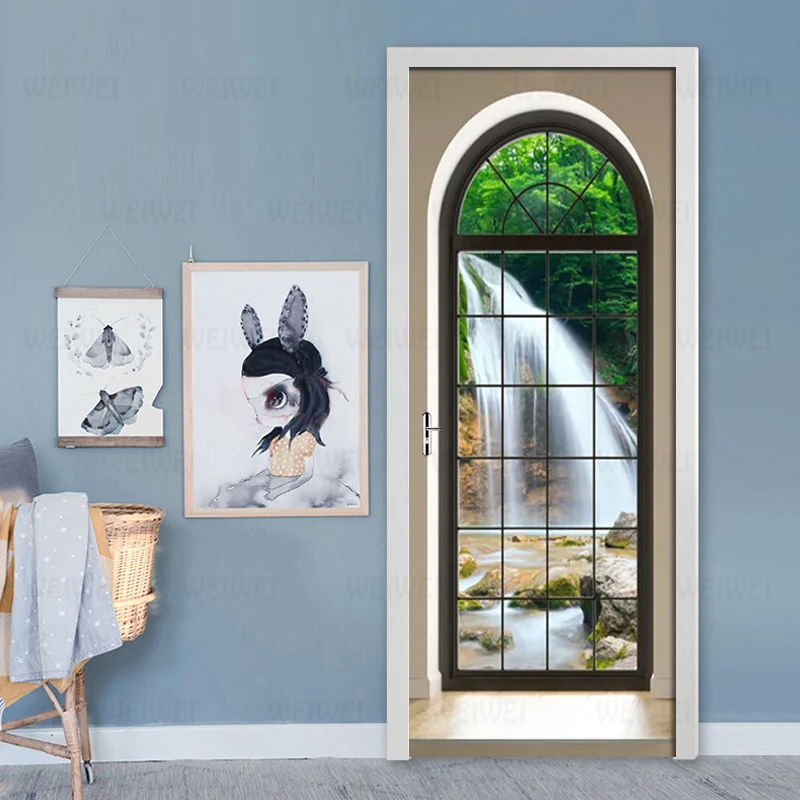 2 шт./компл. водопад пейзаж за окном 3D Наклейка на стену дверь ПВХ самоклеящиеся