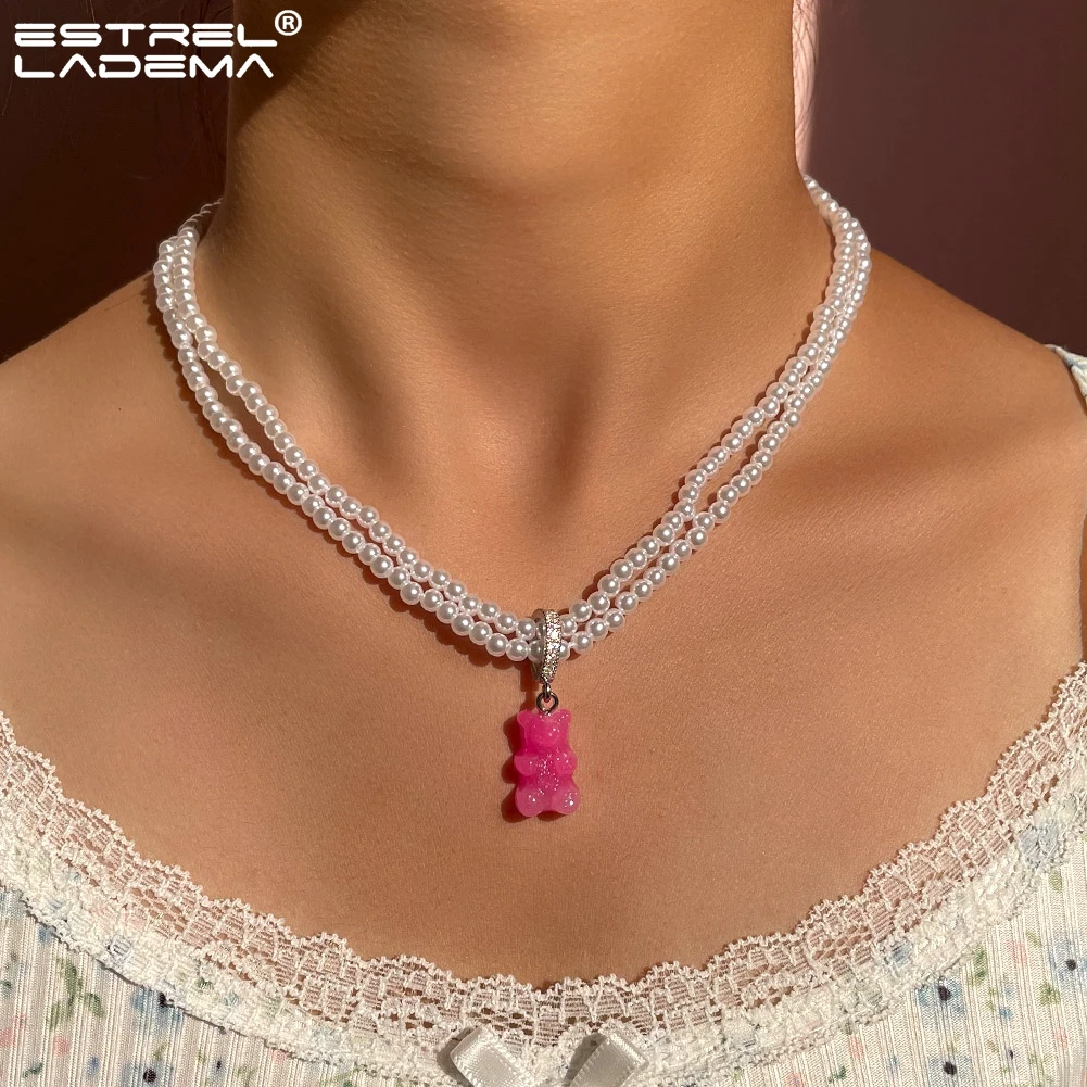 

Y2k Candy Color Gummy Bear Double Layer Pearl Beads Necklace For Women Cartoon Zircon Animal Pendant Necklaces Jewelry Gift New