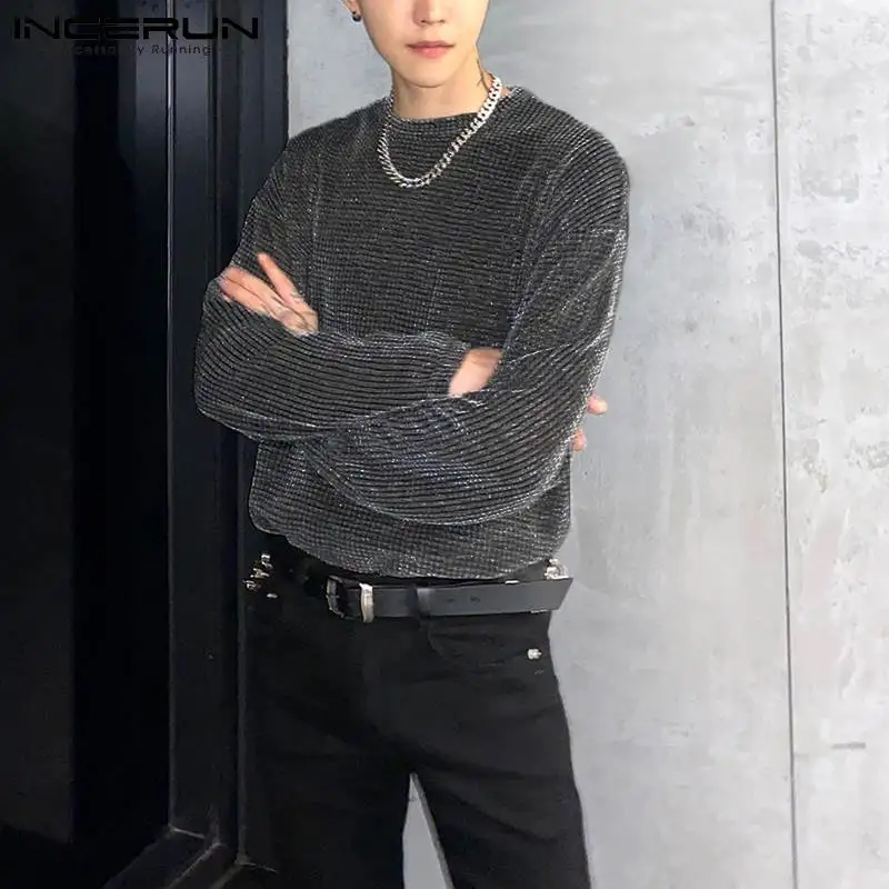 

INCERUN Tops 2021 Korean Style Handsome Men's Well Fitting Camiseta Breathable Mesh Thin Male Stylish Long-sleeved T-shirt S-5XL