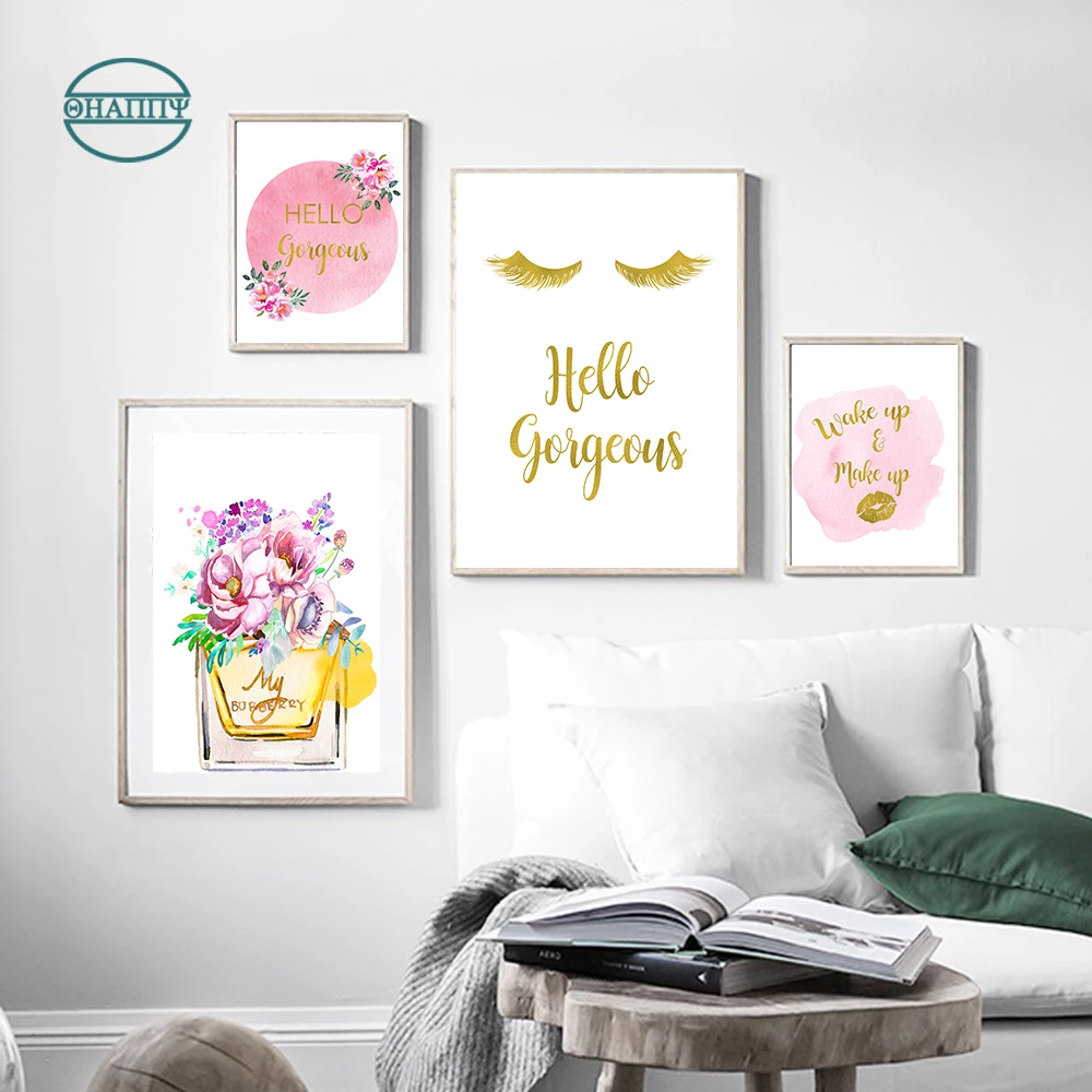 

Makeup Wall Art Lashes Canvas Painting Fashion Perfume Posters and Prints Wall Picture Pink Golden Bedroom Wall Decor No frame