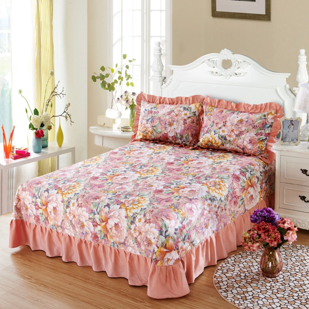 

Plant Flowers Bed Skirt 100% Cotton Stylish Ruffled Bedspread Wedding Fitted Sheet Cover Soft Non-Slip King Queen 250x270cm