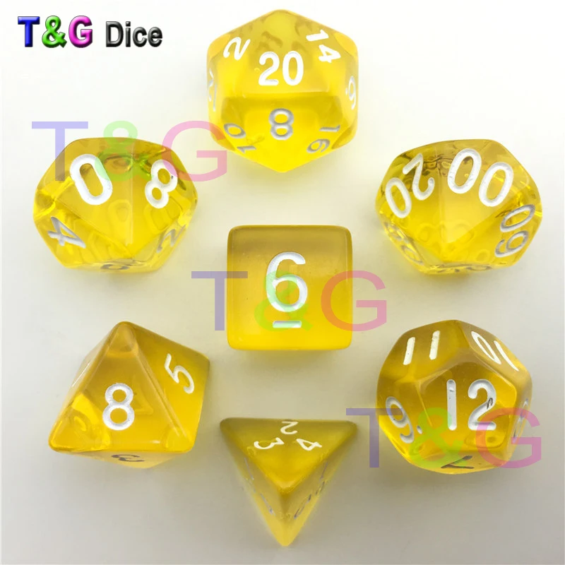 T & G кости 7 шт./лот Высокое качество желтые прозрачные D4 d6 d8 d10 % d12 d20 набор игра rpg