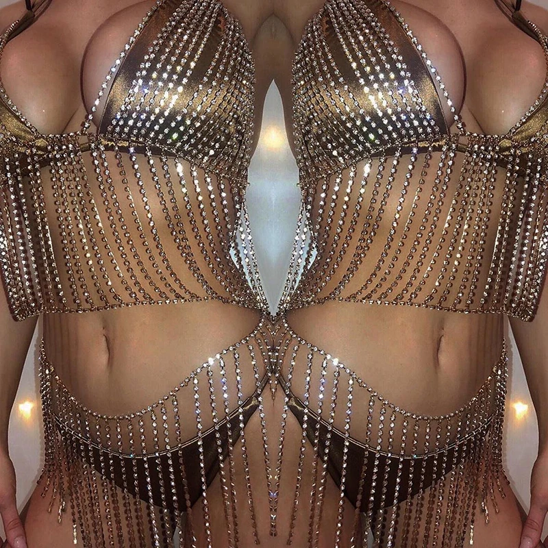 FestivalQueen, сексуальные роскошные стразы, металлическая цепочка, юбка и глубокий v-образный вырез, топ, золото, серебро, открытая спина, для ночного клуба, 2 предмета, женские комплекты