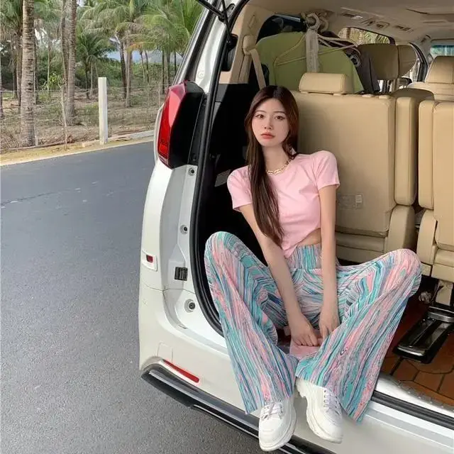 

Ice Silk Pleated Casual Trousers Suit for Women 2021 Summer New High Waist Drooping Loose Slimming Wide Leg Pants
