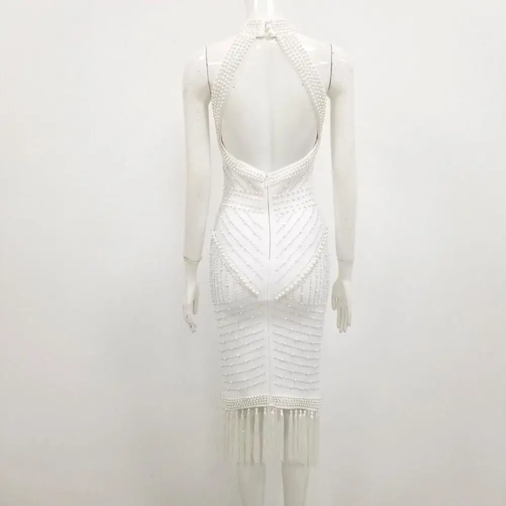 Женское платье без рукавов черное белое Бандажное с открытой спиной и кисточками