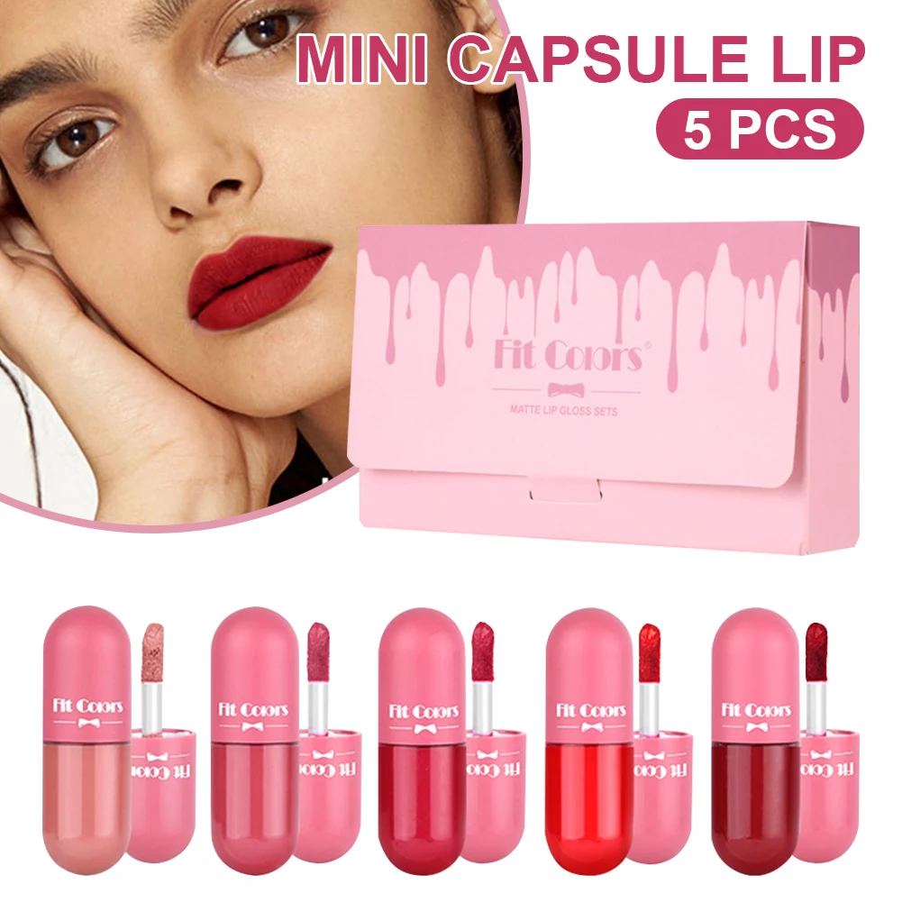 

5pcs Mini Lipstick Capsule Lip Gloss Set Matte Velvet Liquid Lipstick Waterproof Non-Stick Lipgloss Lip Makeup for Women