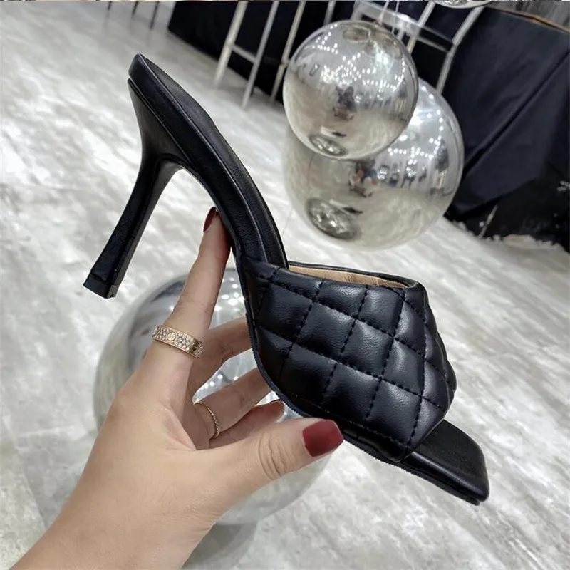 

Women Sandals Heels Summer Shoes Ladies Mules Sandals PU Leather Sandal Thin High Heel Slides Sexy Slippers Square Toe Shoes