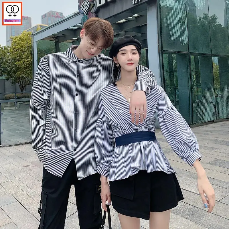 

Matching Couple Clothes Lovers Outfits Valentine's Days Cute Holiday Honeymoon Casual Blue Boyfriend Stripe Shirts