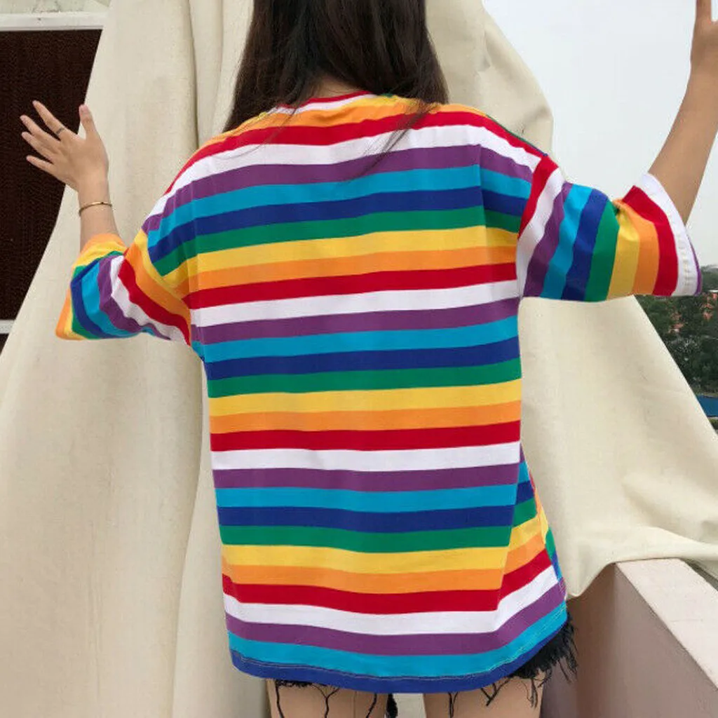 Новинка 2019 модная женская футболка радужная полоска принт длинный рукав harajuku в