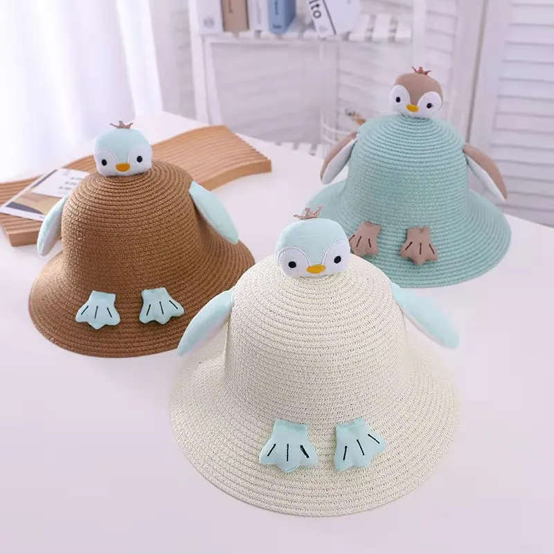

Baby Hat Spring and Summer Straw Hat Men and Women Children Beach Sunscreen Sun Hat Penguin Decoration Hat Bag Two-piece Set