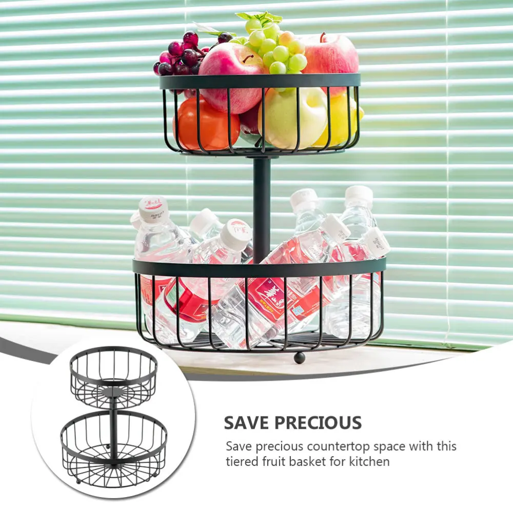 

1pc Two Tiers Iron Fruit Basket Storage Container Fruit Stand Organizer (Black)