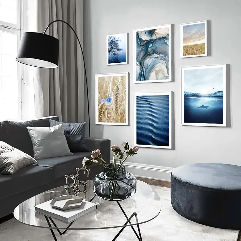 Blue Ocean Whale Seascape Canvas Painting Nordic Nature Landscape Poster Print Scandinavian Wall Art Picture Modern Home Decor | Дом и сад