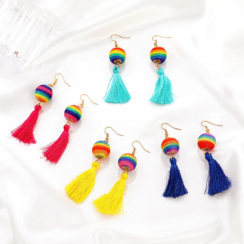 

EM236 National Style Temperamental Round Knitting Wool Ball Tassels Alloy Long Drop Earrings Accessories Wholesale