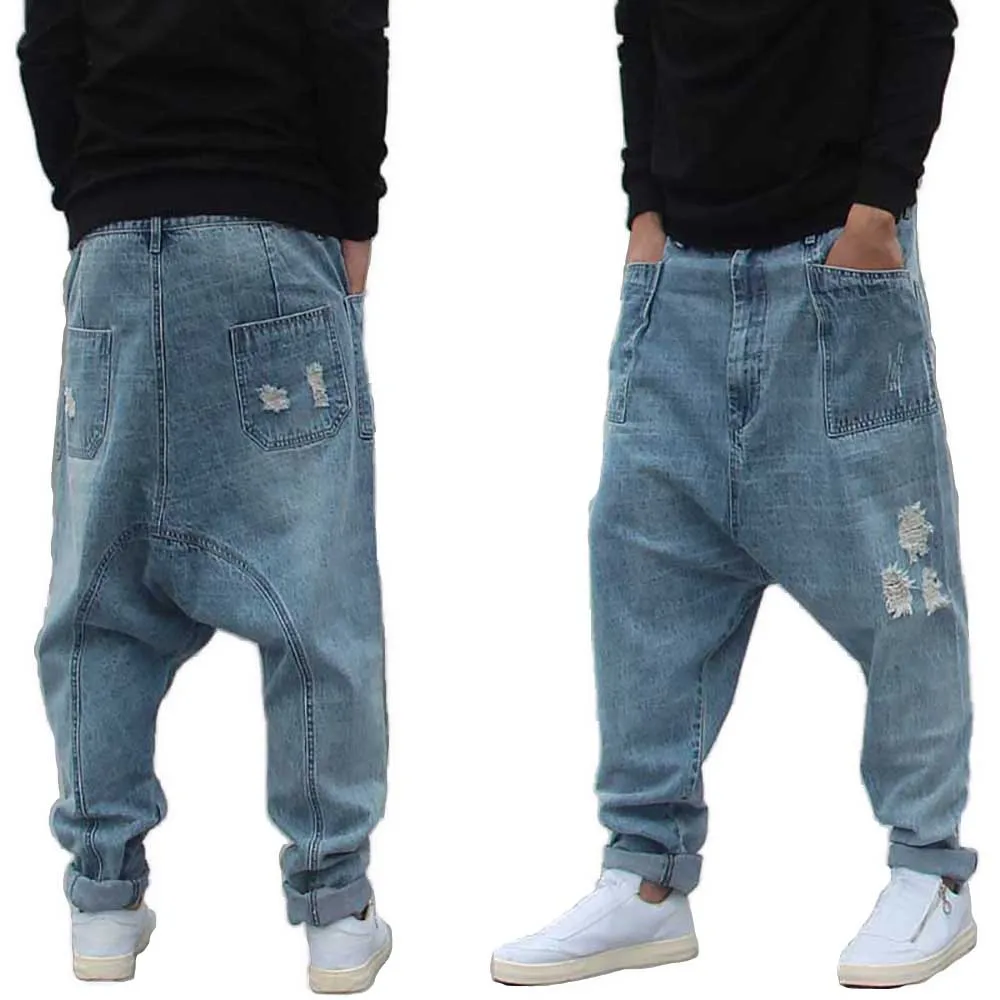 

Distressed Streetwear Ripped Harem Jeans Men Casual Loose Baggy Trousers Hip Hip Dropcrotch Denim Pants Male Clothes Big Size