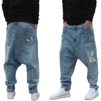 distressed streetwear ripped harem jeans men casual loose baggy trousers hip hip dropcrotch denim pants male clothes big size