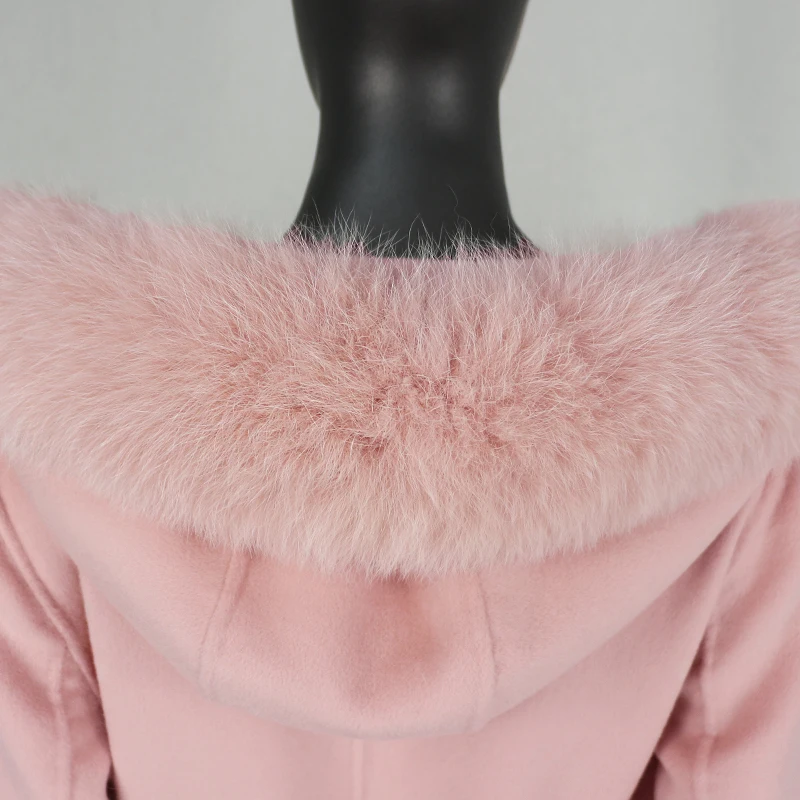 

CXFS 2020 New Pink X-long Cashmere Wool Blends Real Fur Coat Belt Winter Jacket Women Natural Fox Fur Collar Hooded Streetwear