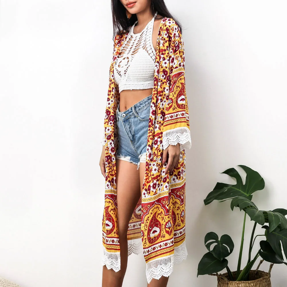 

Lace Splice Long Kimono Enthic Floral Print Loose Cardigan Casual Beachwear Holiday 2021 Dropshipping Beach Blouses Summer Coat