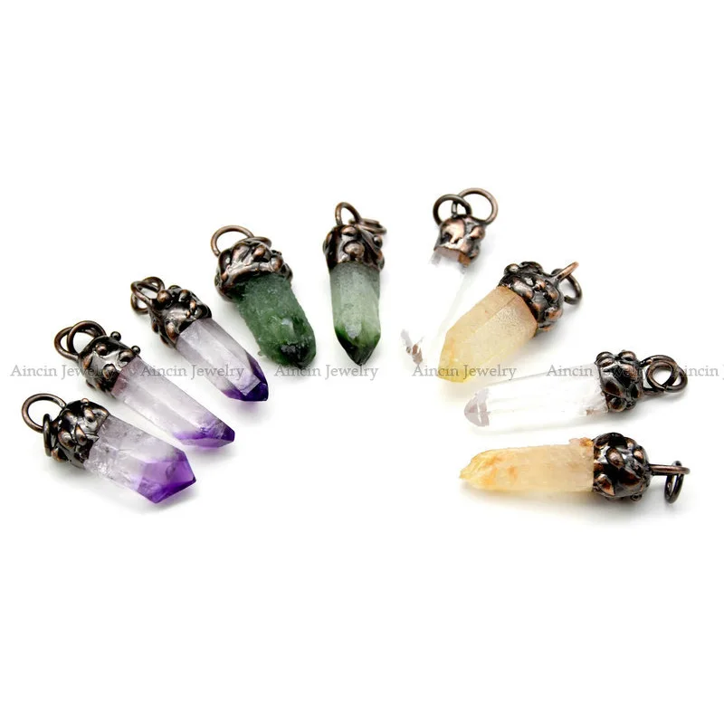 New Antique Bronze Color Plating Natural Amethyst Crystal Pillar Soldering Bail Pendants Fashion Women Jewelry Making Findings