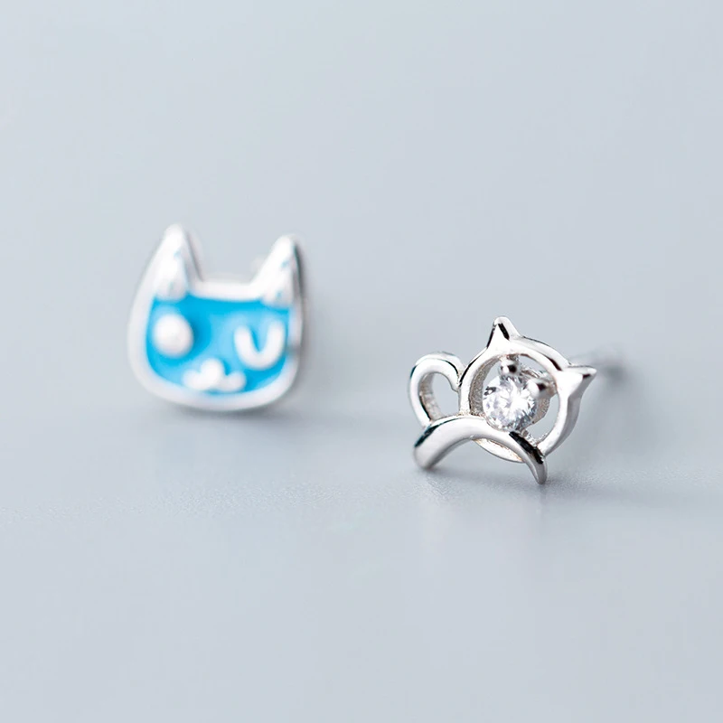 Trustdavis 100% 925 Solid Real Sterling Silver Women Fashion Asymmetric Cute Cat CZ Stud Earrings Daughter Girls Xmas Gift DA76 | Украшения