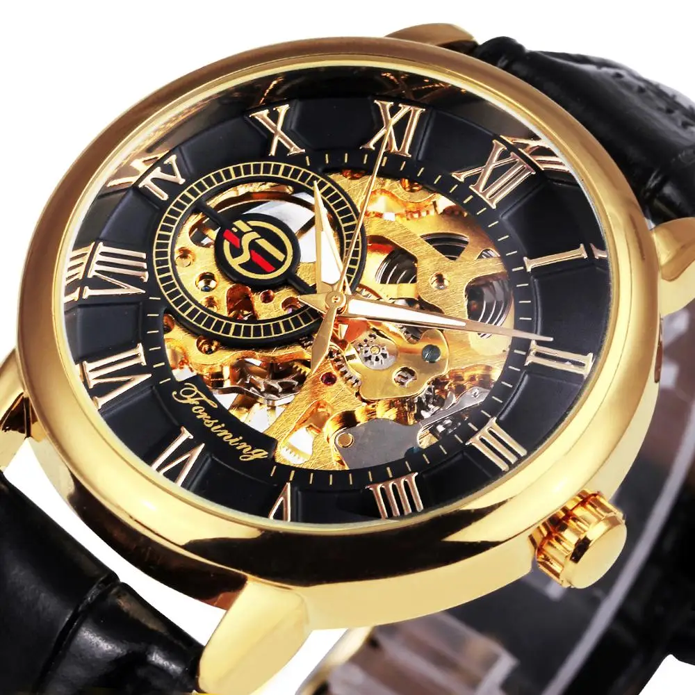 

Mechanical Man Gold Watch Mens Watches Top Brand Luxury 2021 Clock Male Skeleton Leather Forsining 3d Hollow Engraving