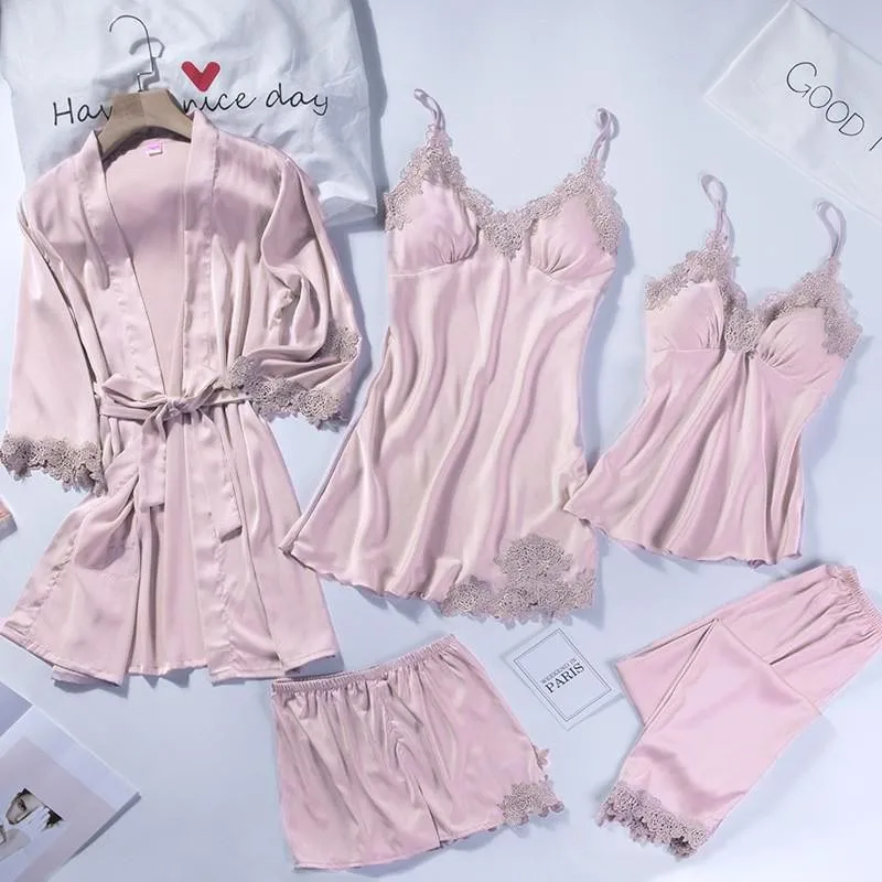 Spring Summer Women Pajamas Set Soft Faux Silk Satin 5PCS Loungewear Trouser SuitSexy Patchwork Lace Sleepwear Wedding Robe Set