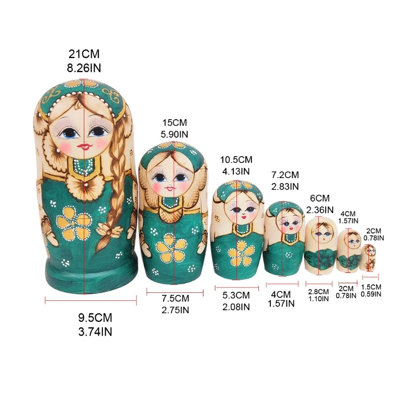 

7pcs Green Russian Nesting Dolls Wooden Matryoshka Toys for Children Kids Christmas Home Room Decoration Halloween Wishing