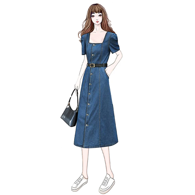 

EHQAXIN Summer Autumn Long Denim Dress Fashion Square Collar High Waist Casual Single-Breasted A-Line Dress With Belt 2021 L-4XL
