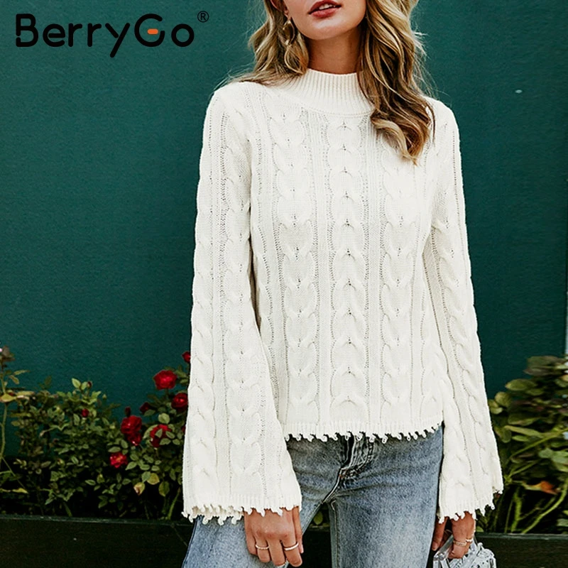 BerryGo White turtle neck women sweater Flare sleeve tassel female knitted pullovers jumper Autumn winter ladies sweaters 2019 | Женская