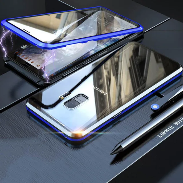 Black Blue 360 магнитный двойной чехол из закаленного стекла для samsung Galaxy S10 S9 Plus s10plus S8 Магнитный флип-чехол для samsung Note 10 Pro 9 - Цвет: Black Blue